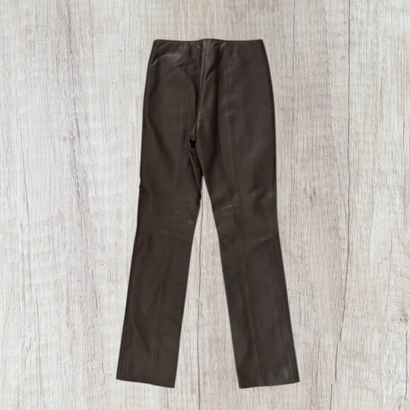 CACHE Vintage 90s Brown Leather Mid-Rise No- Waistband Front Zip Sleek Pants 2 - Picture 1 of 5